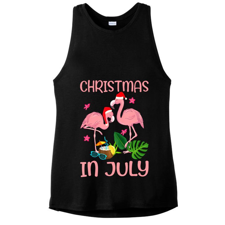 Christmas In July Flamingo Wearing Santa Hat Ladies PosiCharge Tri-Blend Wicking Tank