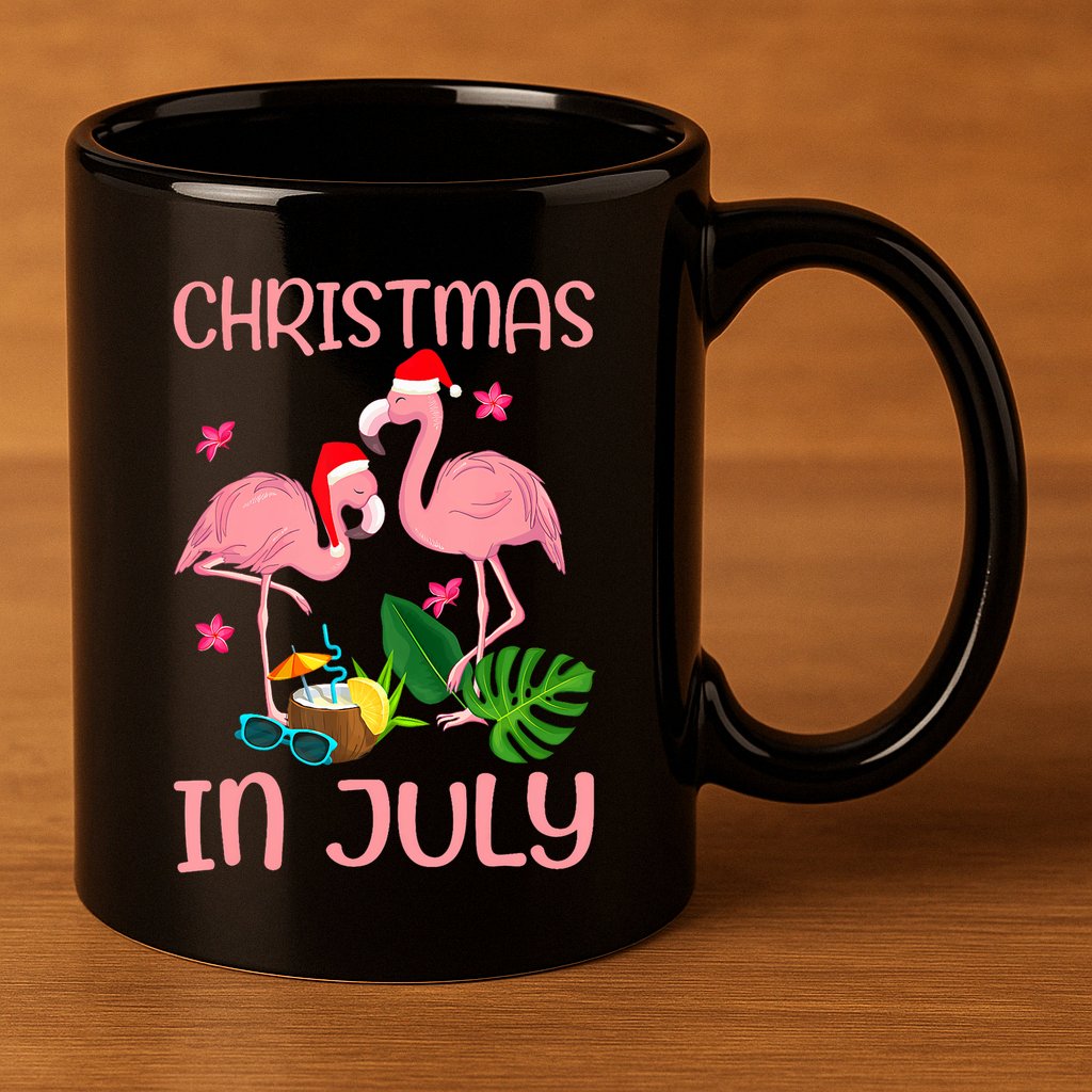 Christmas In July Flamingo Wearing Santa Hat 11oz C Handle Ceramic Mug