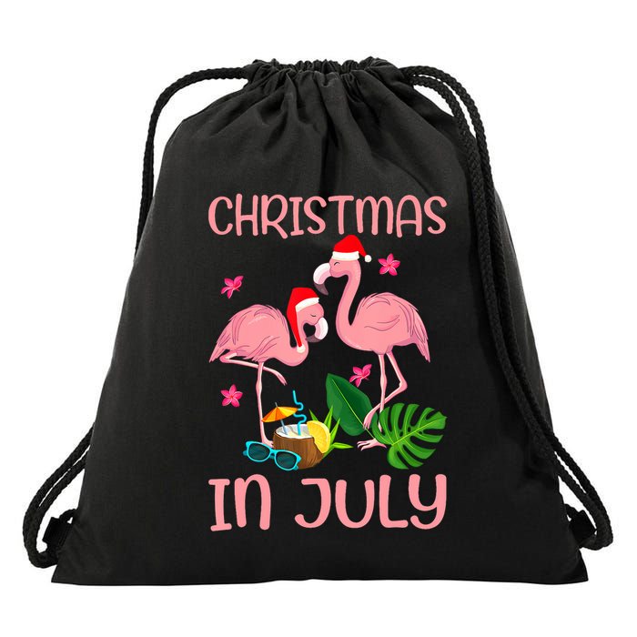 Christmas In July Flamingo Wearing Santa Hat Drawstring Bag
