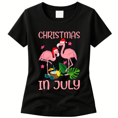 Christmas In July Flamingo Wearing Santa Hat Womens T-Shirt