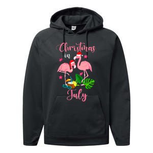 Christmas In July Flamingo With Santa Hat Performance Fleece Hoodie