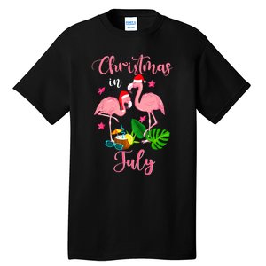 Christmas In July Flamingo With Santa Hat Tall T-Shirt