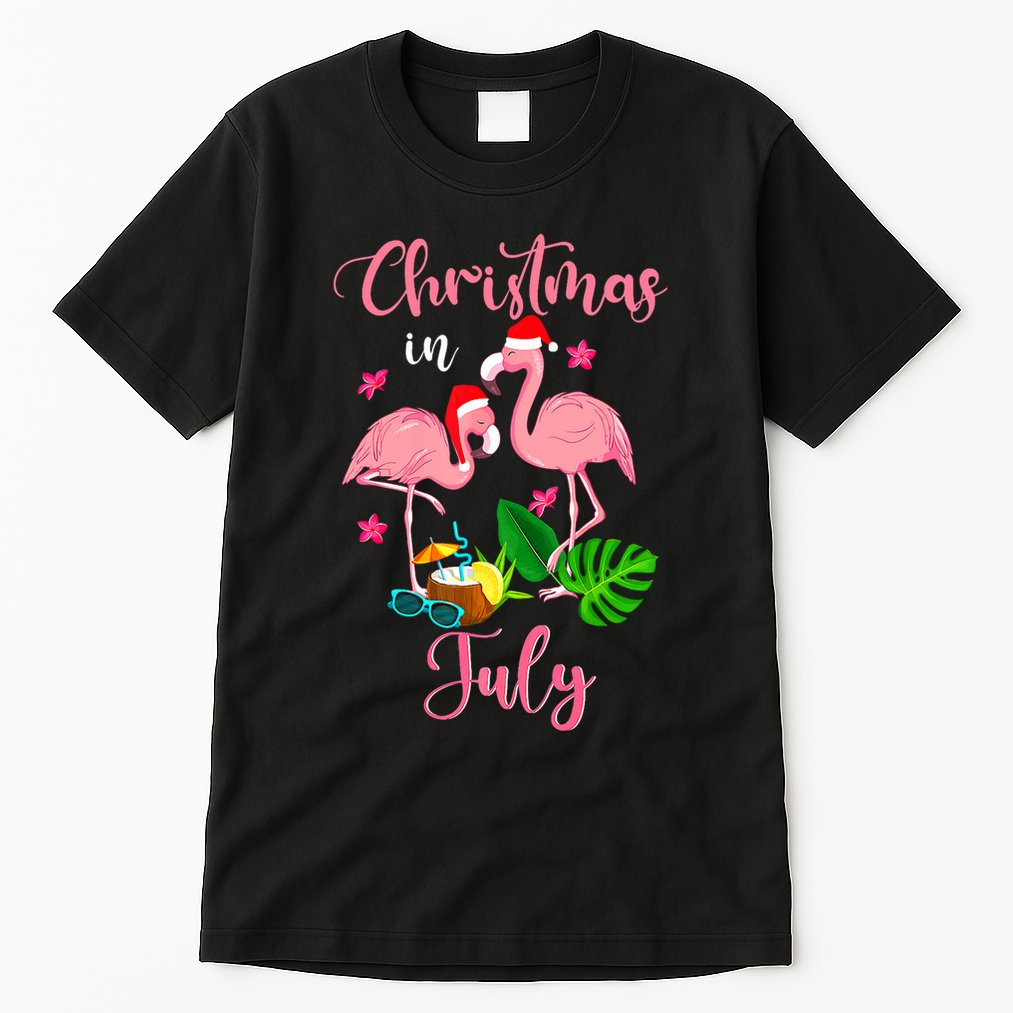 Christmas In July Flamingo With Santa Hat Tall T-Shirt