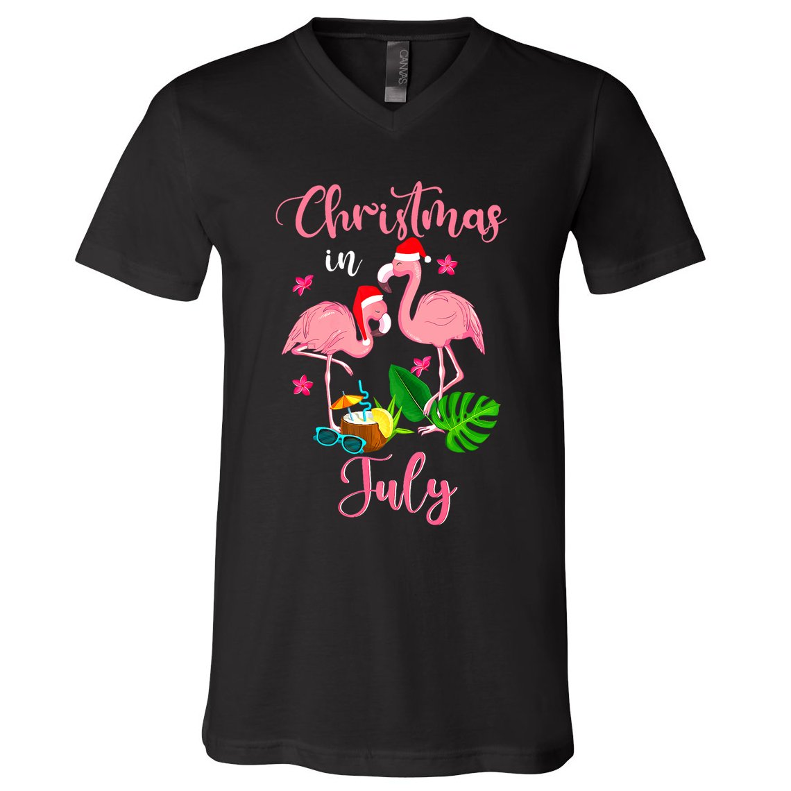 Christmas In July Flamingo With Santa Hat V-Neck T-Shirt