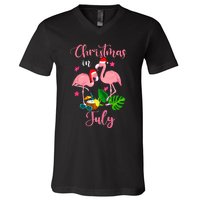 Christmas In July Flamingo With Santa Hat V-Neck T-Shirt