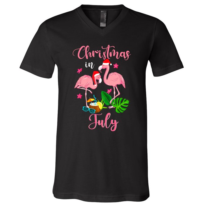 Christmas In July Flamingo With Santa Hat V-Neck T-Shirt