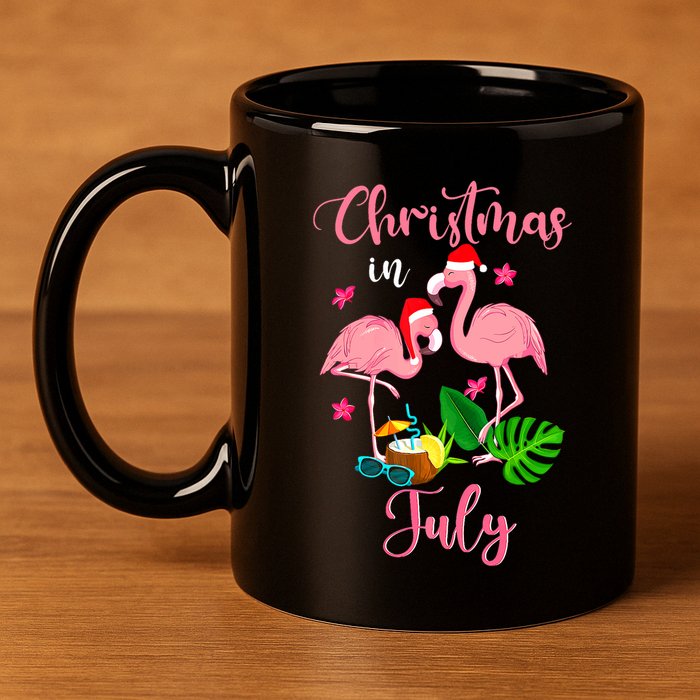 Christmas In July Flamingo With Santa Hat 11oz C Handle Ceramic Mug