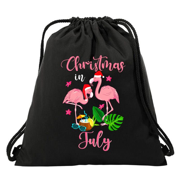 Christmas In July Flamingo With Santa Hat Drawstring Bag