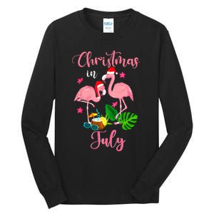 Christmas In July Flamingo With Santa Hat Tall Long Sleeve T-Shirt