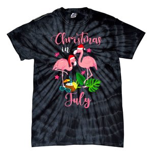 Christmas In July Flamingo With Santa Hat Tie-Dye T-Shirt