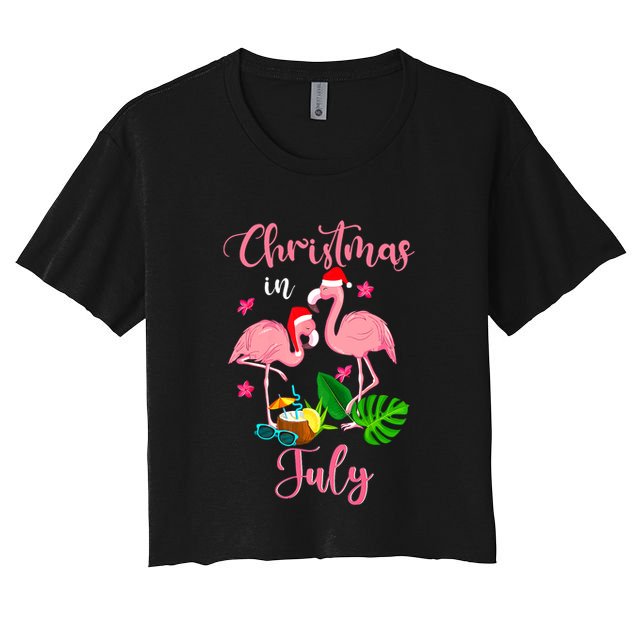 Christmas In July Flamingo With Santa Hat Crop Top