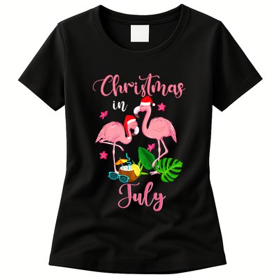 Christmas In July Flamingo With Santa Hat Womens T-Shirt
