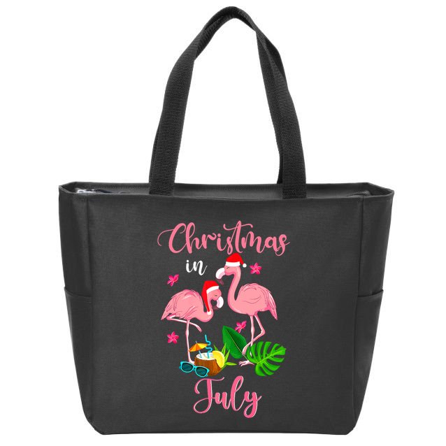 Christmas In July Flamingo With Santa Hat Zip Tote Bag