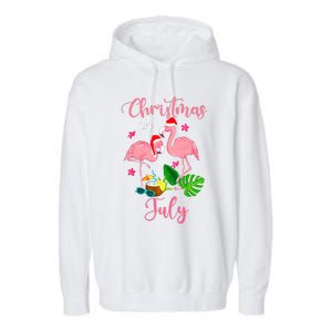 Christmas In July Flamingo With Santa Hat Garment-Dyed Fleece Hoodie