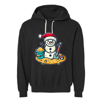 Christmas In July Sand Snowman Santa Hat Shovel Xmas Beach Garment-Dyed Fleece Hoodie