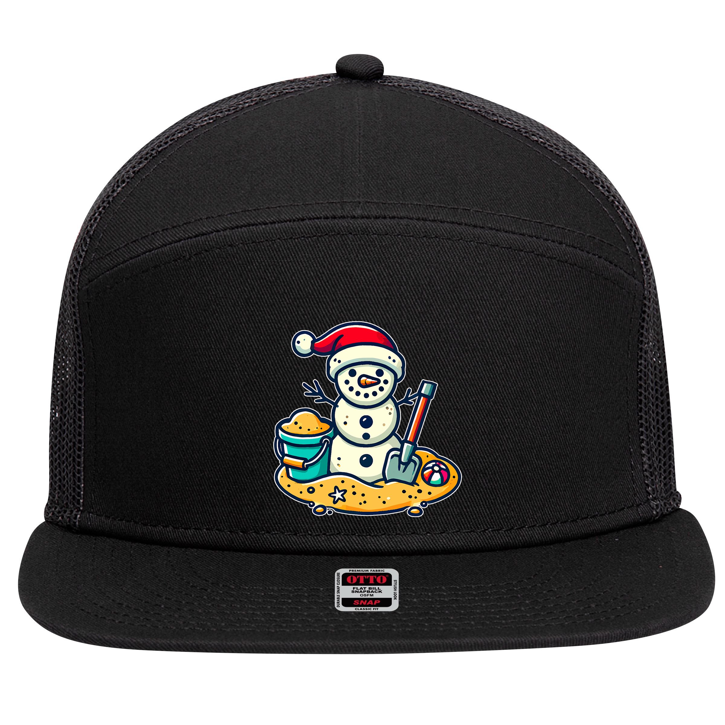 Christmas In July Sand Snowman Santa Hat Shovel Xmas Beach 7 Panel Mesh Trucker Snapback Hat