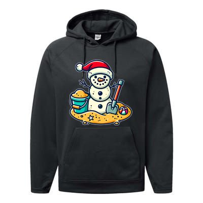 Christmas In July Sand Snowman Santa Hat Shovel Xmas Beach Performance Fleece Hoodie