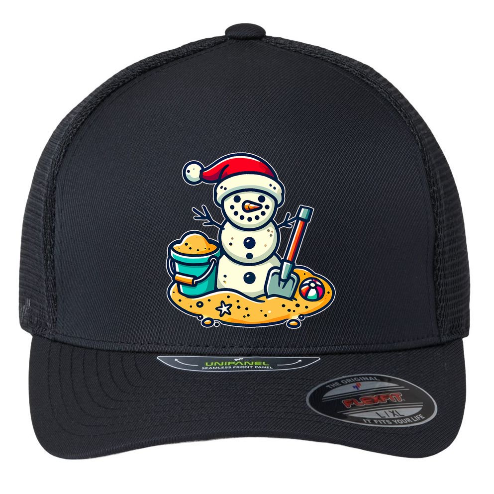 Christmas In July Sand Snowman Santa Hat Shovel Xmas Beach Flexfit Unipanel Trucker Cap