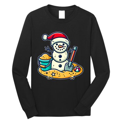 Christmas In July Sand Snowman Santa Hat Shovel Xmas Beach Long Sleeve Shirt