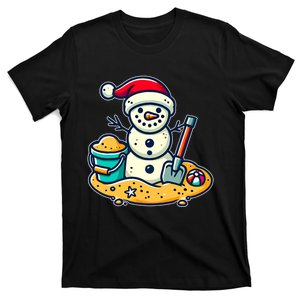 Christmas In July Sand Snowman Santa Hat Shovel Xmas Beach T-Shirt