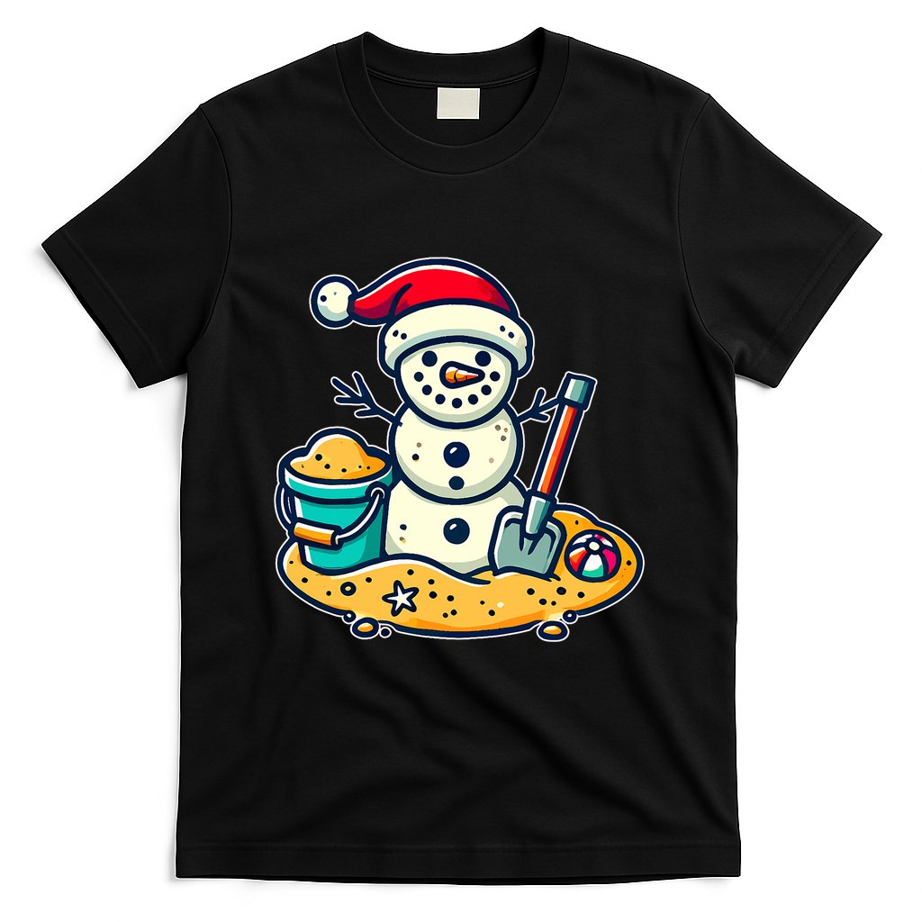 Christmas In July Sand Snowman Santa Hat Shovel Xmas Beach T-Shirt