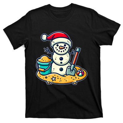 Christmas In July Sand Snowman Santa Hat Shovel Xmas Beach T-Shirt