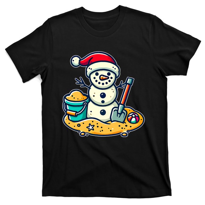 Christmas In July Sand Snowman Santa Hat Shovel Xmas Beach T-Shirt