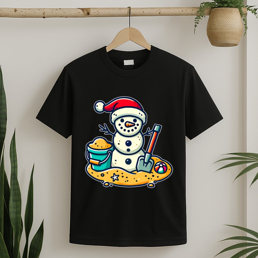 Christmas In July Sand Snowman Santa Hat Shovel Xmas Beach T-Shirt