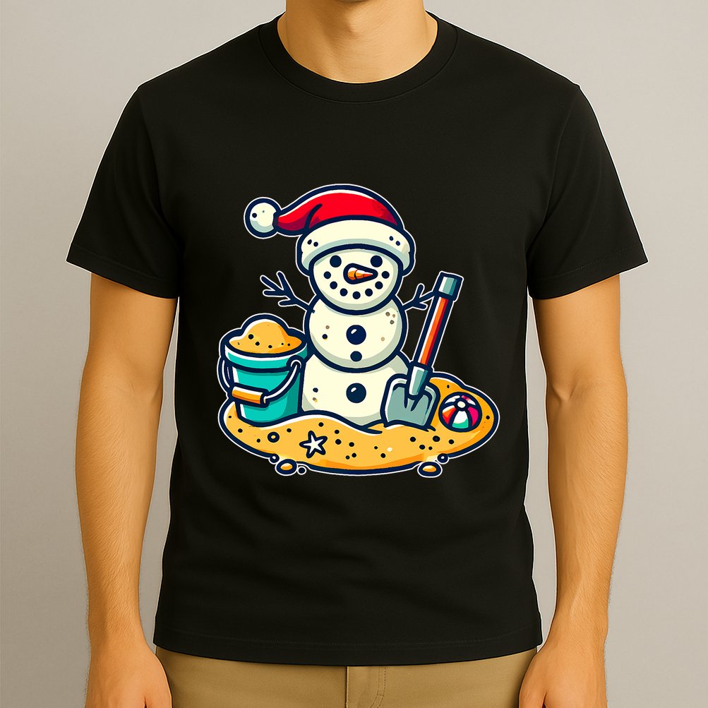 Christmas In July Sand Snowman Santa Hat Shovel Xmas Beach T-Shirt