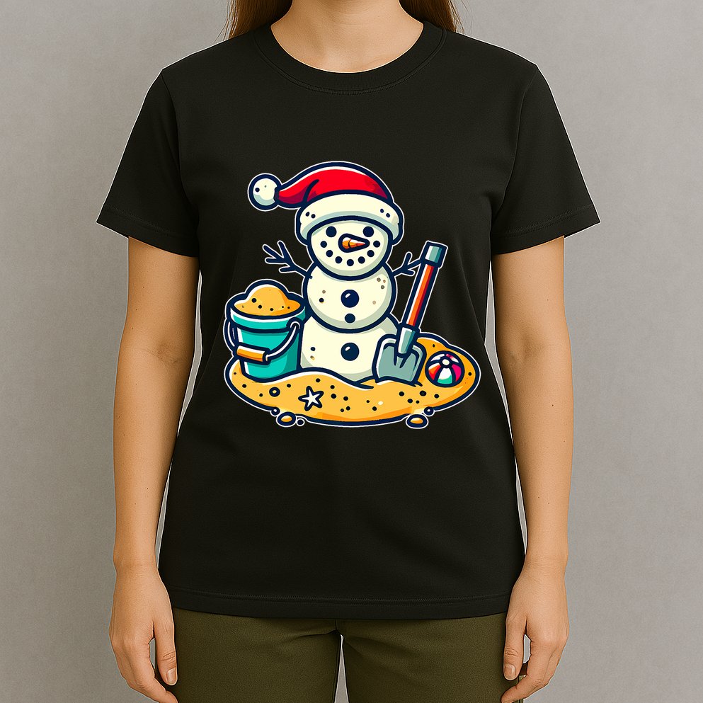 Christmas In July Sand Snowman Santa Hat Shovel Xmas Beach T-Shirt