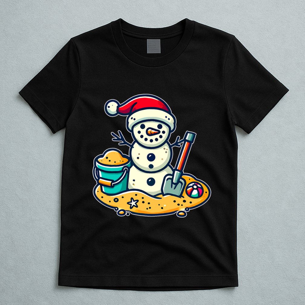 Christmas In July Sand Snowman Santa Hat Shovel Xmas Beach T-Shirt