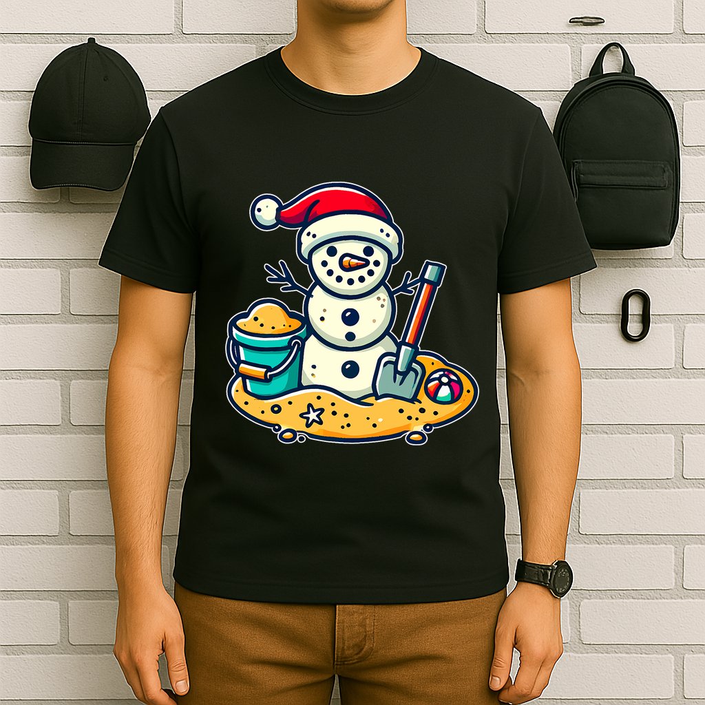 Christmas In July Sand Snowman Santa Hat Shovel Xmas Beach T-Shirt
