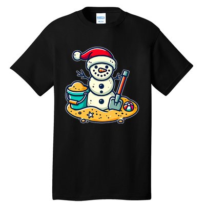 Christmas In July Sand Snowman Santa Hat Shovel Xmas Beach Tall T-Shirt