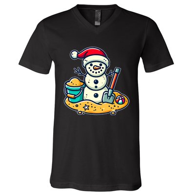 Christmas In July Sand Snowman Santa Hat Shovel Xmas Beach V-Neck T-Shirt