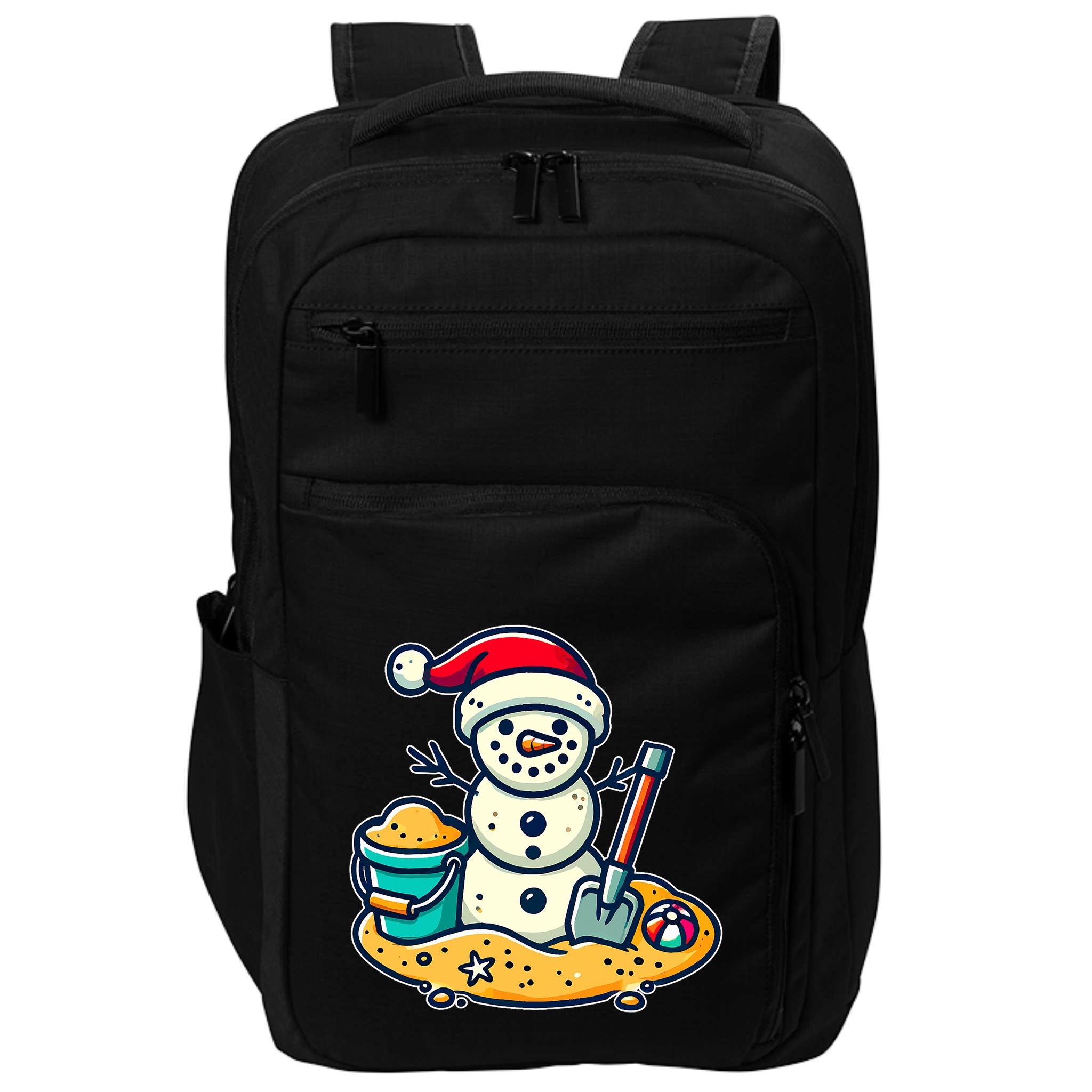 Christmas In July Sand Snowman Santa Hat Shovel Xmas Beach Impact Tech Backpack