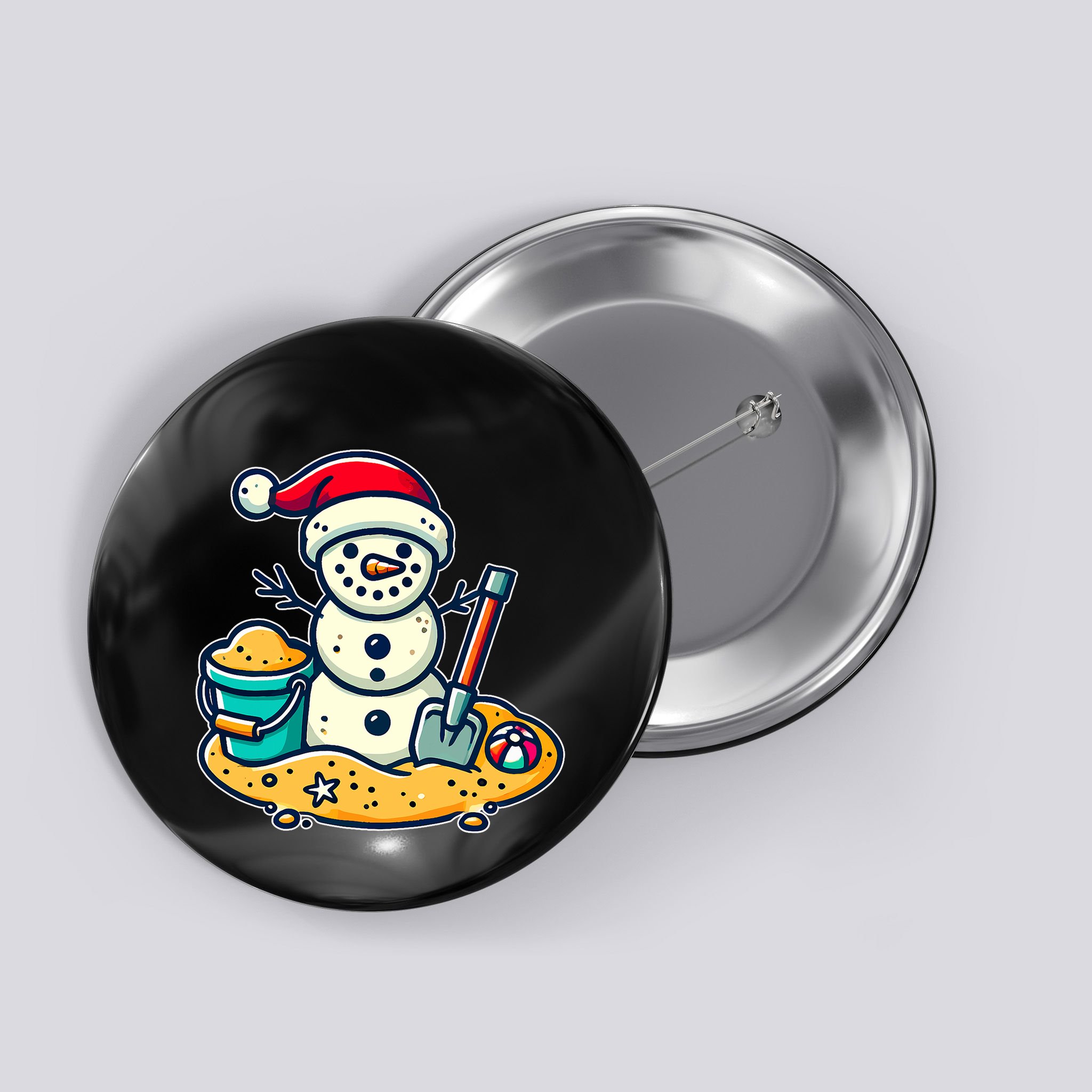 Christmas In July Sand Snowman Santa Hat Shovel Xmas Beach Button