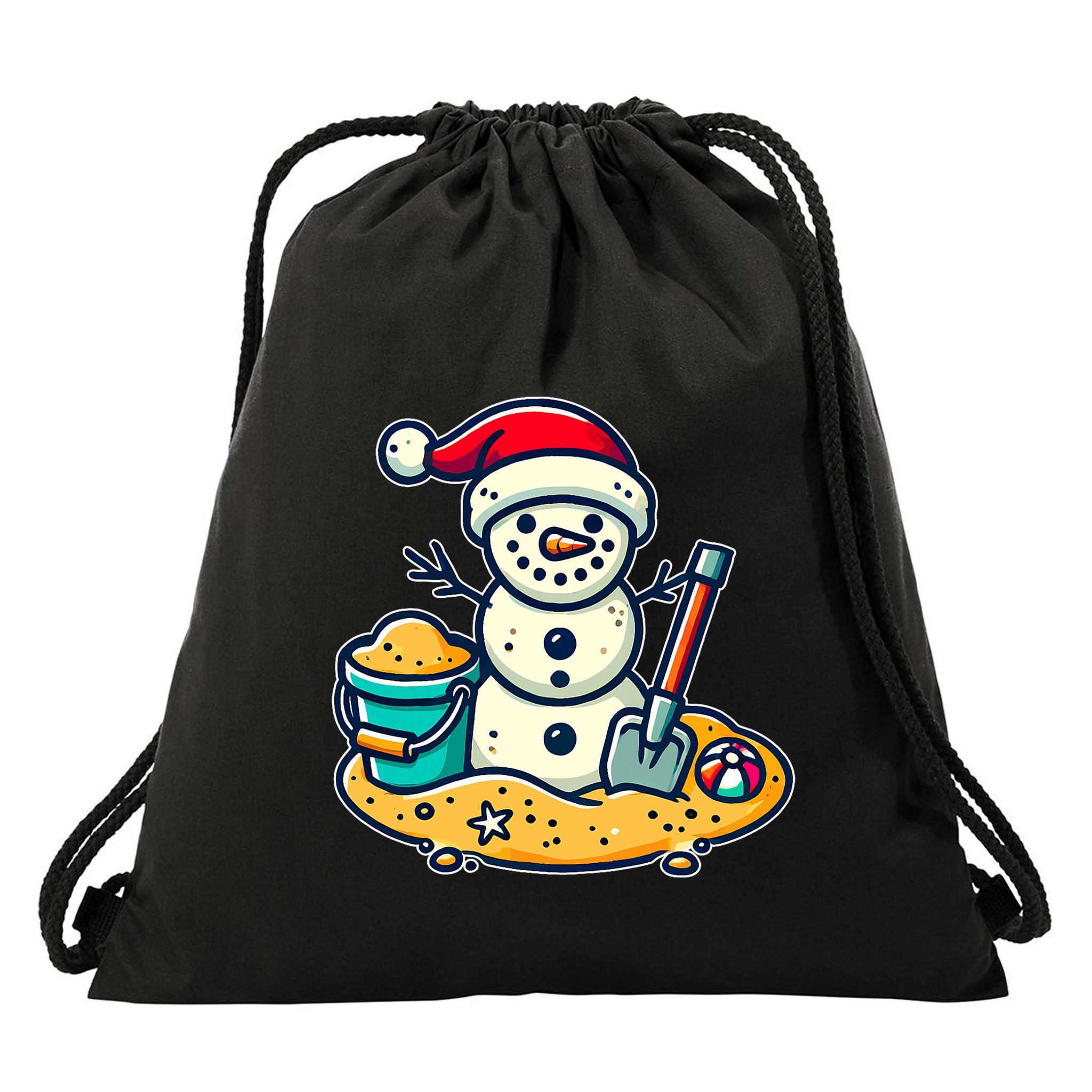 Christmas In July Sand Snowman Santa Hat Shovel Xmas Beach Drawstring Bag