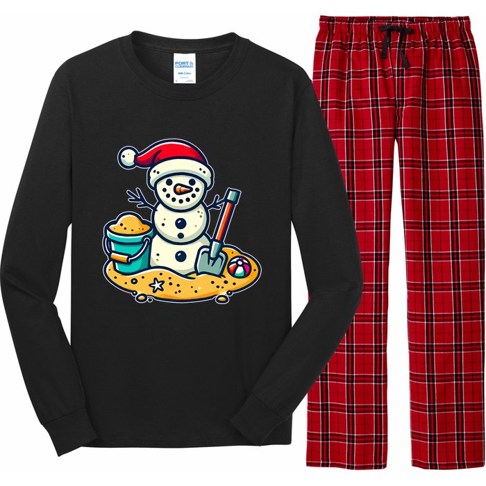 Christmas In July Sand Snowman Santa Hat Shovel Xmas Beach Long Sleeve Pajama Set