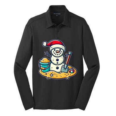 Christmas In July Sand Snowman Santa Hat Shovel Xmas Beach Silk Touch Performance Long Sleeve Polo