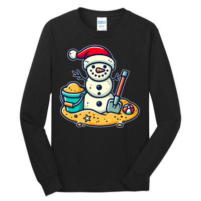 Christmas In July Sand Snowman Santa Hat Shovel Xmas Beach Tall Long Sleeve T-Shirt