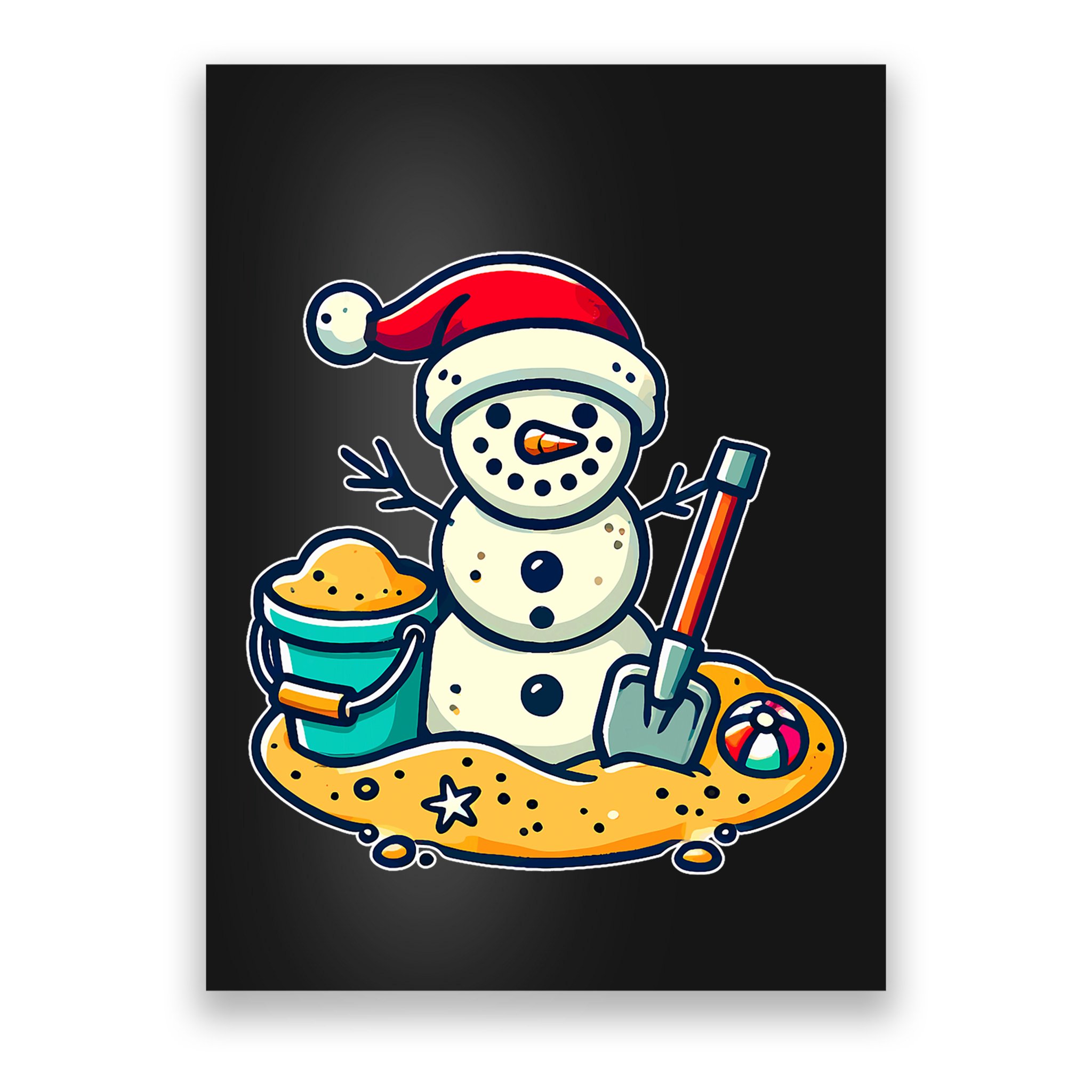 Christmas In July Sand Snowman Santa Hat Shovel Xmas Beach Poster
