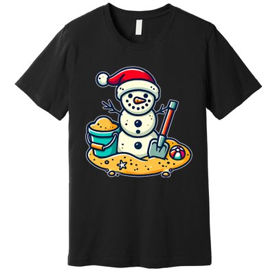 Christmas In July Sand Snowman Santa Hat Shovel Xmas Beach Premium T-Shirt