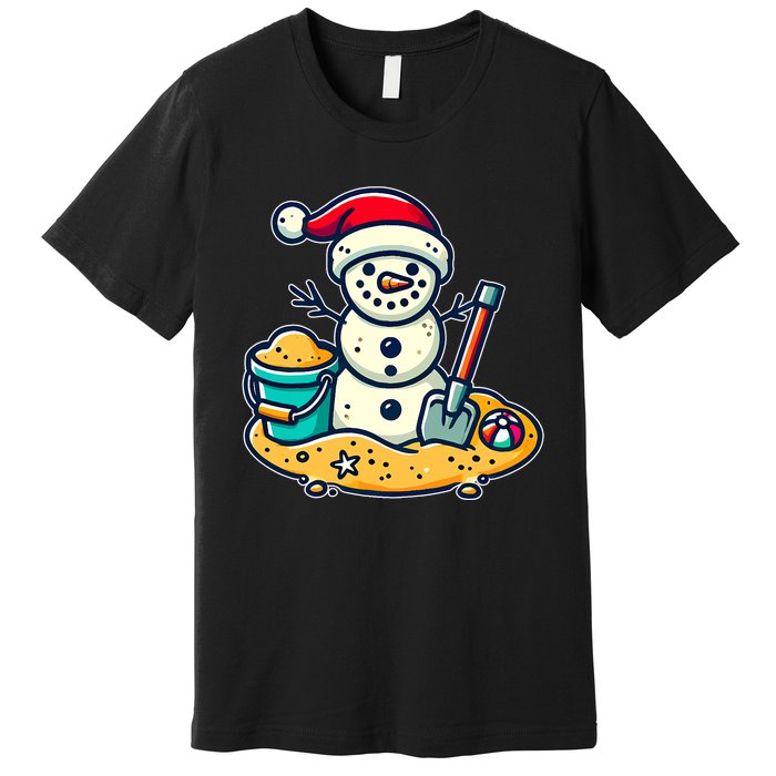 Christmas In July Sand Snowman Santa Hat Shovel Xmas Beach Premium T-Shirt