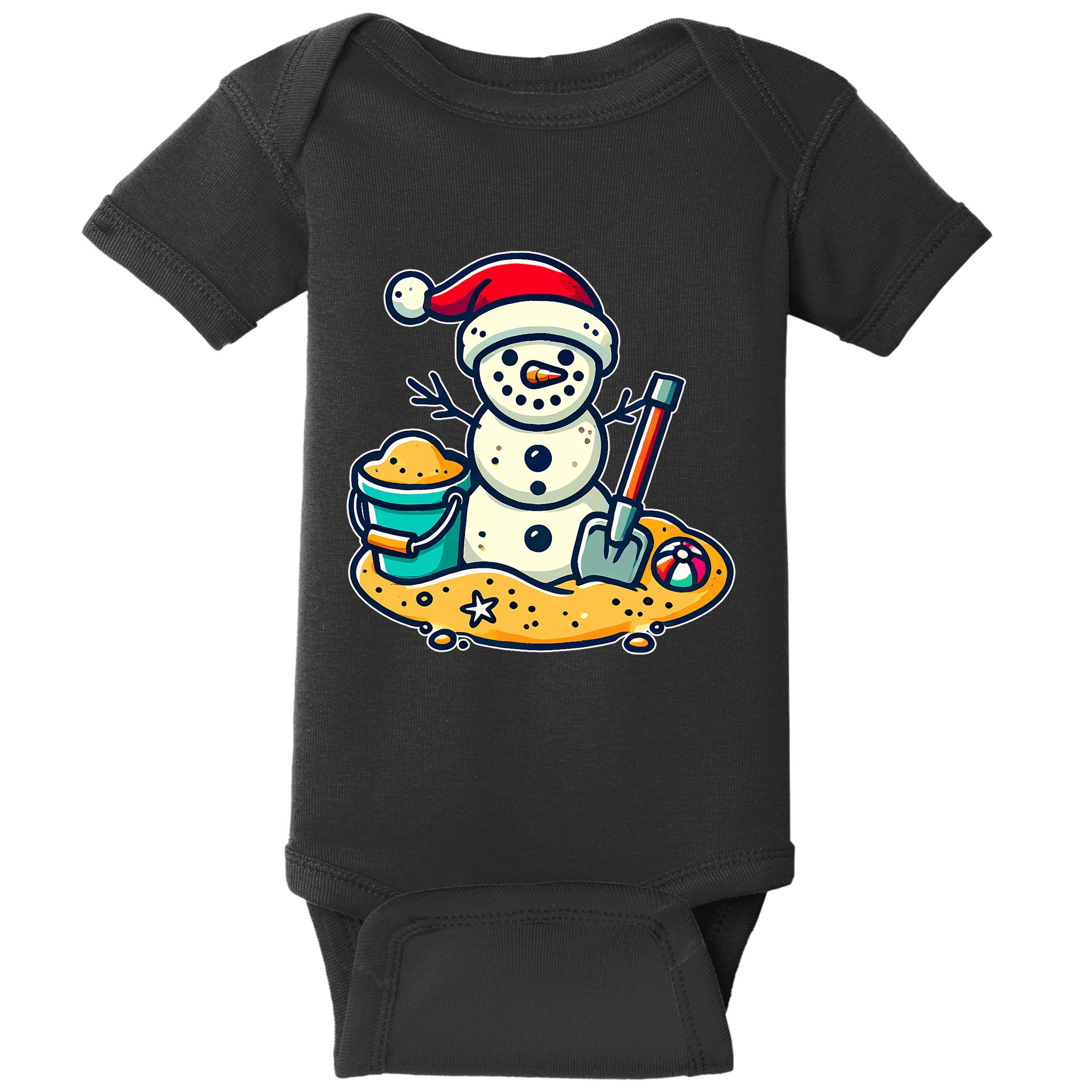 Christmas In July Sand Snowman Santa Hat Shovel Xmas Beach Baby Bodysuit