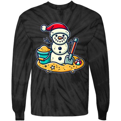 Christmas In July Sand Snowman Santa Hat Shovel Xmas Beach Tie-Dye Long Sleeve Shirt