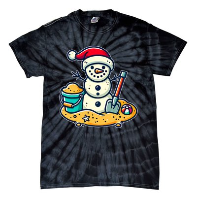 Christmas In July Sand Snowman Santa Hat Shovel Xmas Beach Tie-Dye T-Shirt