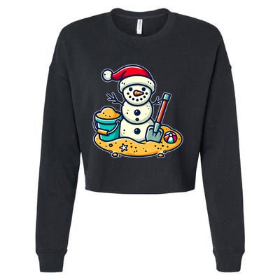 Christmas In July Sand Snowman Santa Hat Shovel Xmas Beach Cropped Pullover Crew