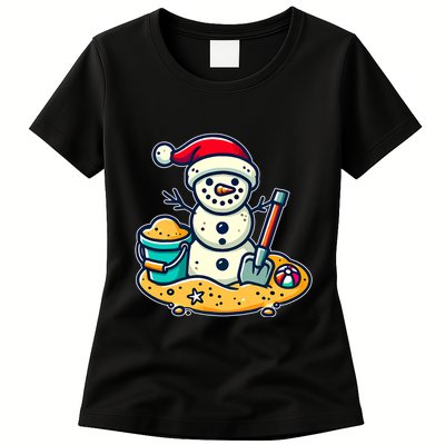Christmas In July Sand Snowman Santa Hat Shovel Xmas Beach Womens T-Shirt