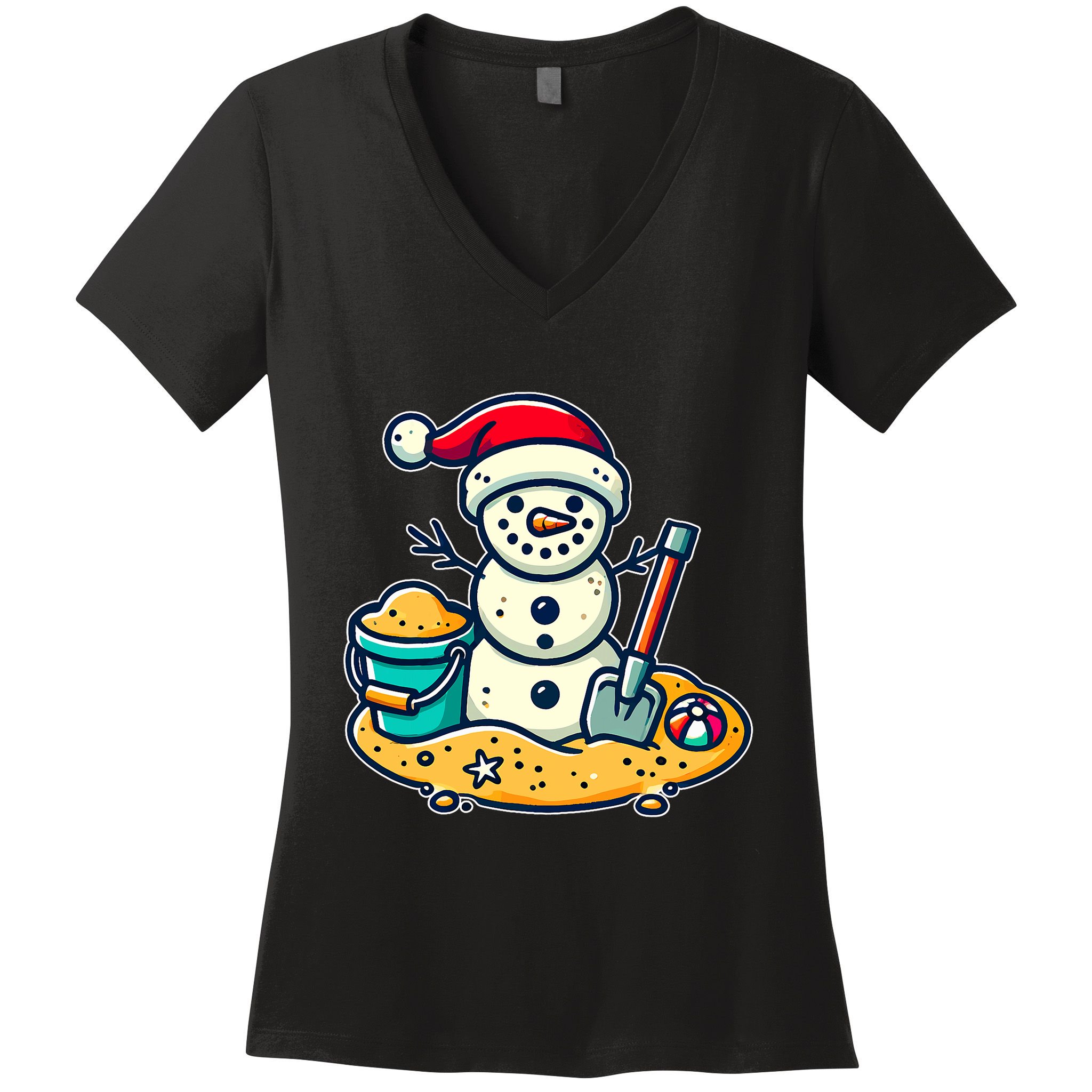 Christmas In July Sand Snowman Santa Hat Shovel Xmas Beach Women's V-Neck T-Shirt