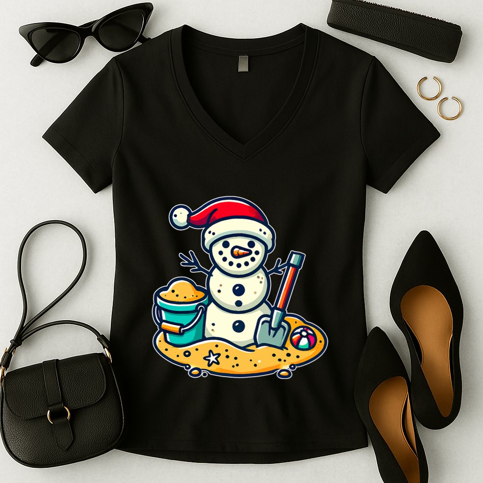 Christmas In July Sand Snowman Santa Hat Shovel Xmas Beach Women's V-Neck T-Shirt